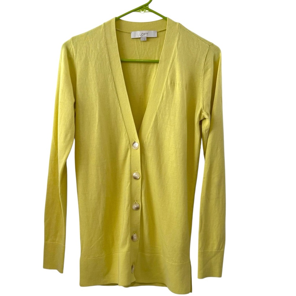 LOFT XS Yellow Cotton Button Front Long Sleeve V-Neck Cardigan Sweater